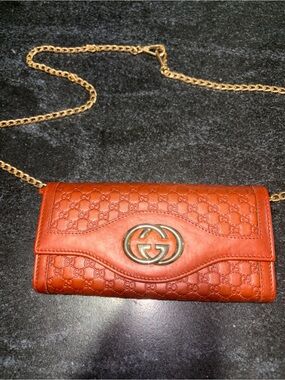 Gucci Brown/Red Leather GG Marmont Chain Wallet